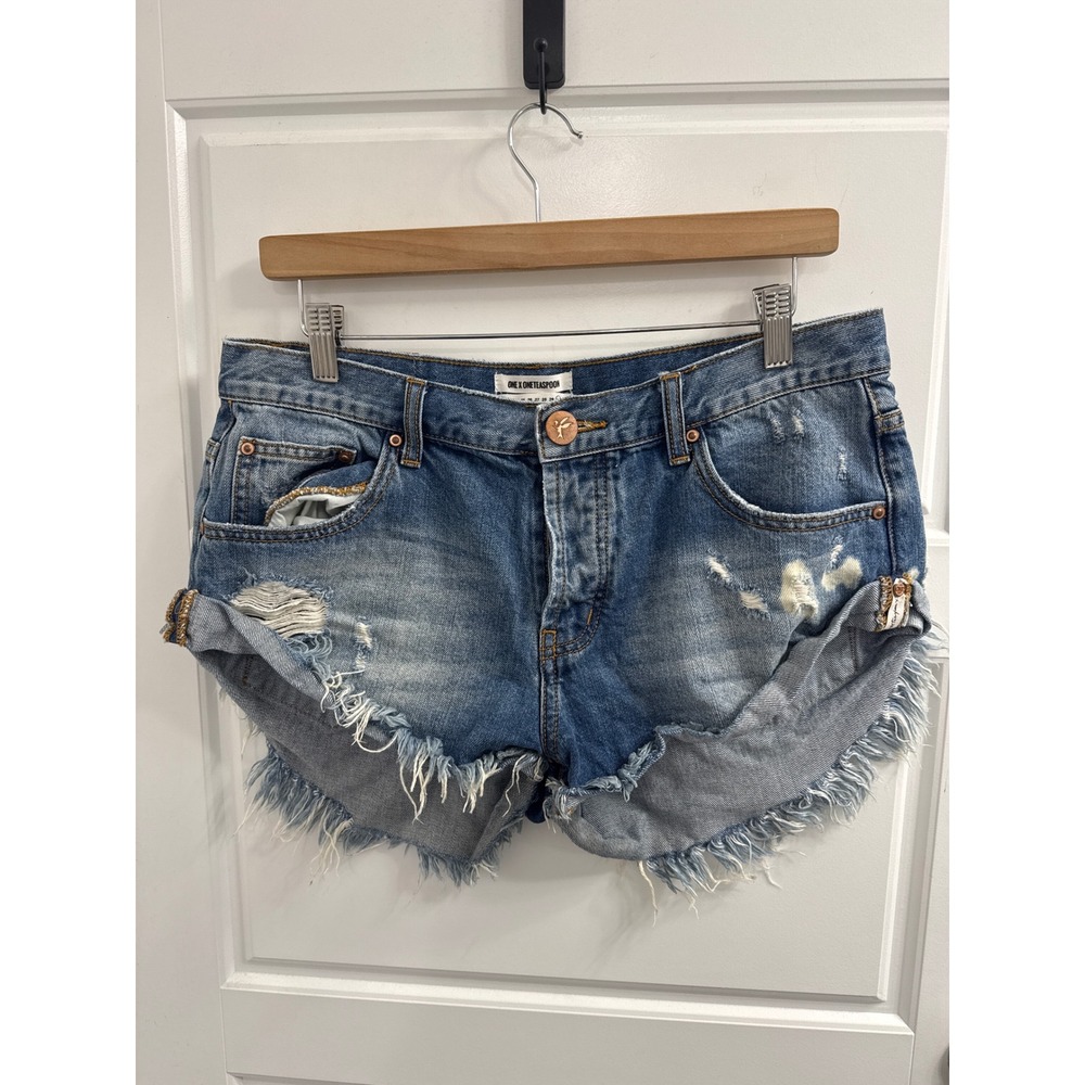 One Teaspoon Bandits Denim Shorts Distressed Frayed Blue Womens Size 30